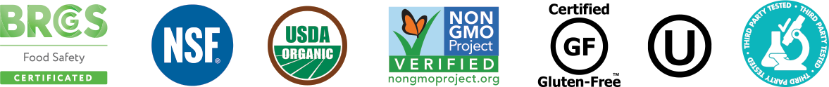 icons: BRCGS Food Safety CERTIFICATED | NSF | USDA ORGANIC | NON GMO Project VERIFIED | Certified Gluten-Free | (U) | THIRD PARTY TESTED